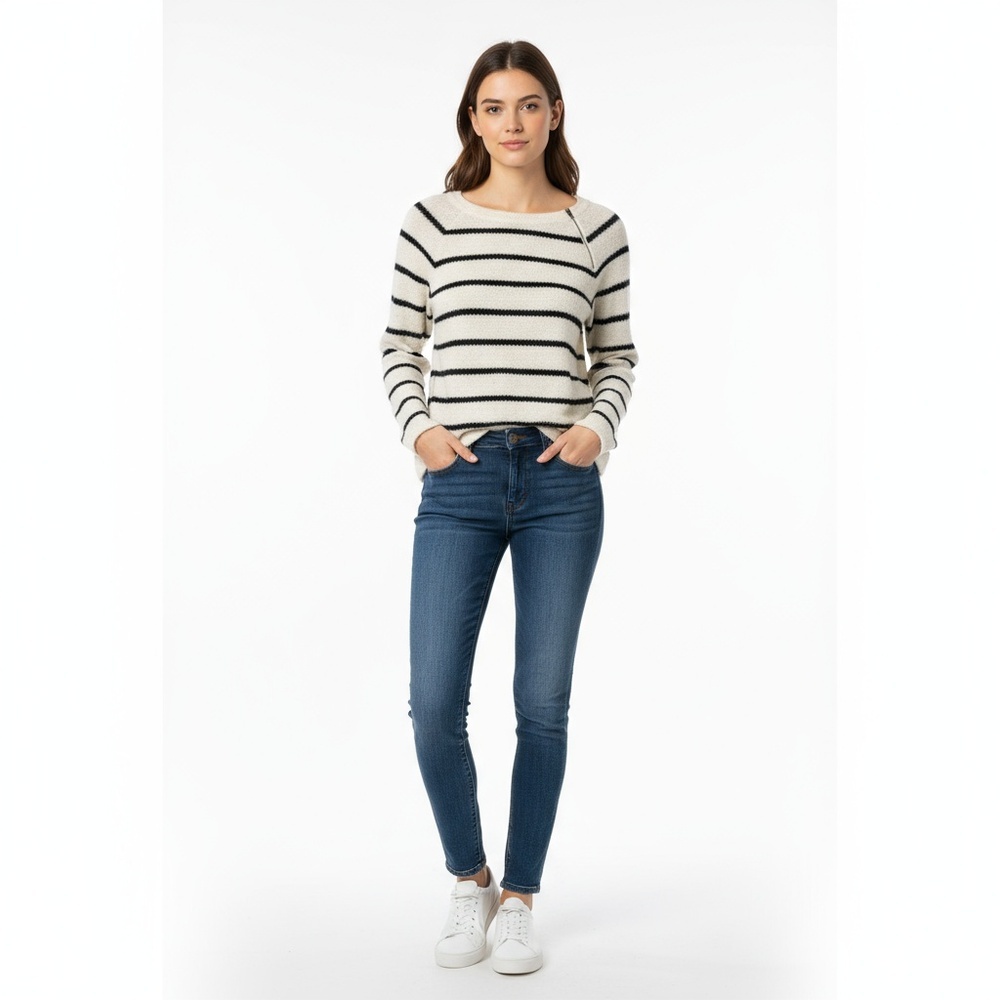 Abercrombie & Fitch Cream Black Stripe Long Sleeve Crew Neck Sweater Top Size M
